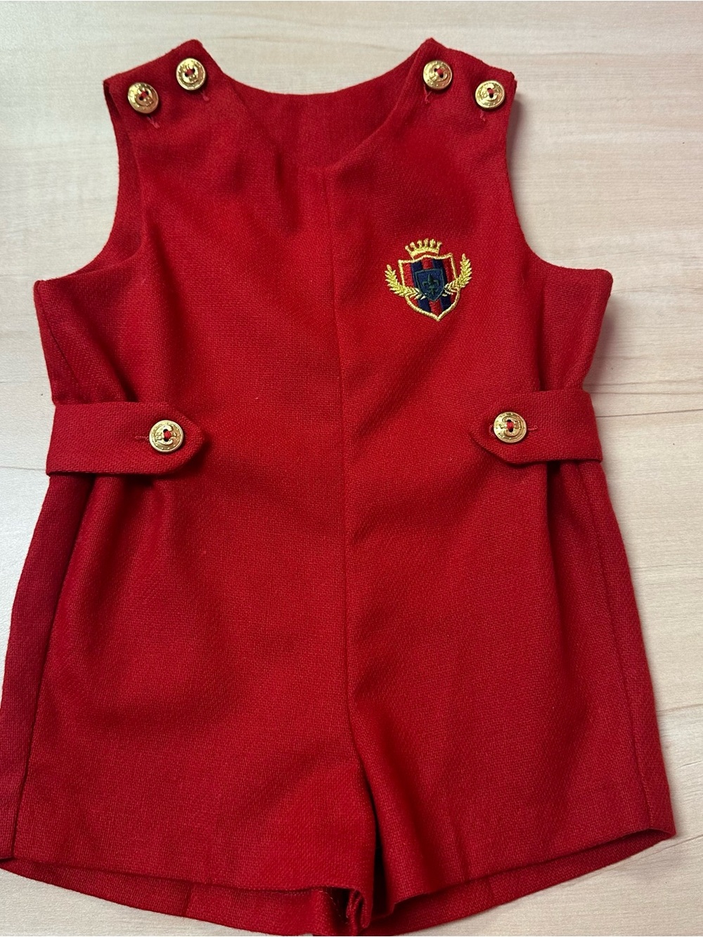 Vintage Imp Red Wool Romper with
Embroidered Crest